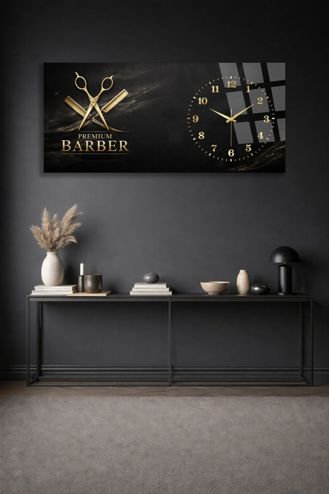 KIRILMAZ CAM DUVAR SAATİ , HEM TABLO HEM SAAT PREMIUM BARBER GOLD SİYAH TASARIM EV OFİS HEDİYESİ