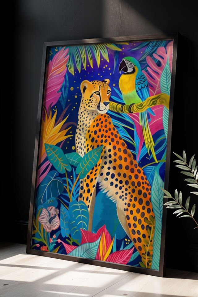 SİYAH - Doğal ahşap çerçeveli Çiçekli Kaplan Botanik Sanat Baskısı Duvar Tablosu