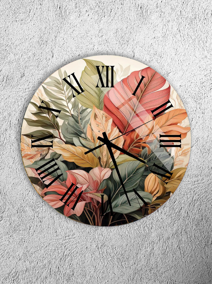 KIRILMAZ CAM DUVAR SAATİ, HEM TABLO HEM SAAT BOTANİK YAPRAK DESENLİ ROMEN RAKAMLI EV OFİS HEDİYESİ