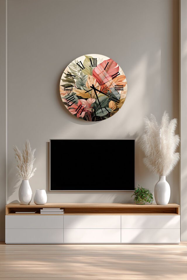 KIRILMAZ CAM DUVAR SAATİ, HEM TABLO HEM SAAT BOTANİK YAPRAK DESENLİ ROMEN RAKAMLI EV OFİS HEDİYESİ