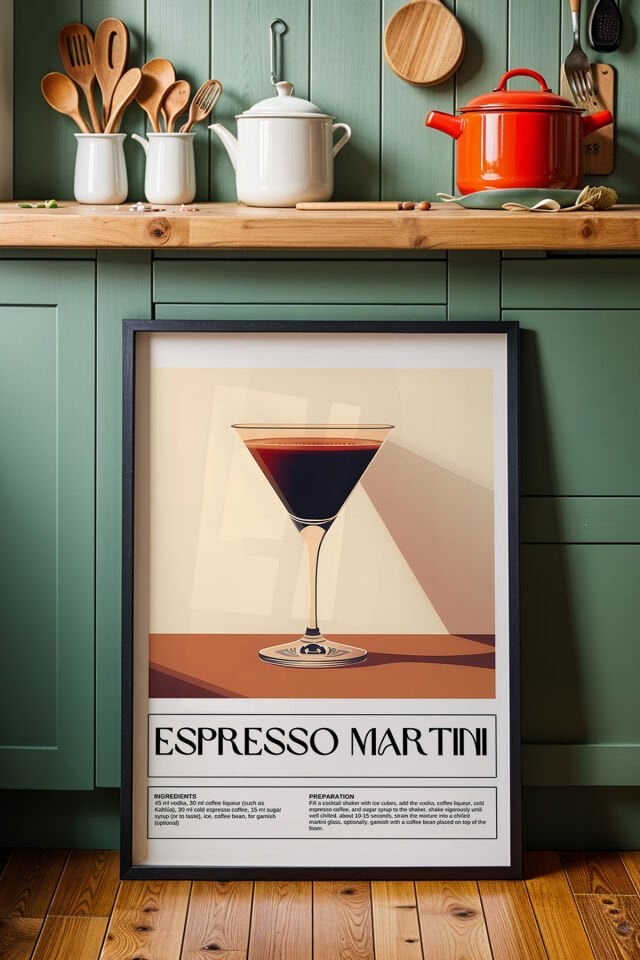 SİYAH - Esppresso Martini İllüstrasyon Mutfak Ahşap Çerçeveli Duvar Tablosu