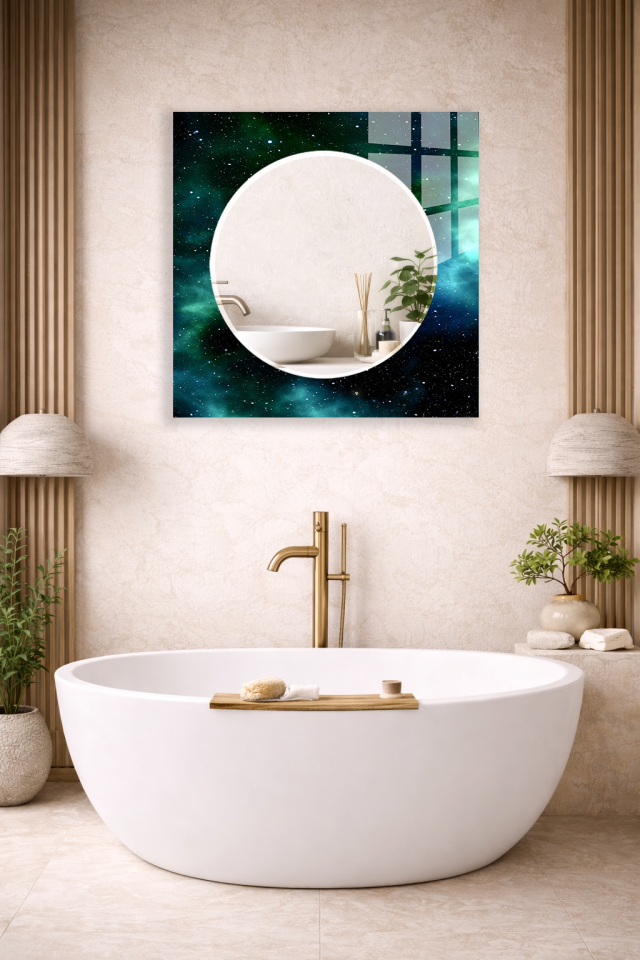 HEM TABLO HEM AYNA UZAY GALAKSİ YILDIZLI DESEN CAM DUVAR AYNASI EV DEKORU
