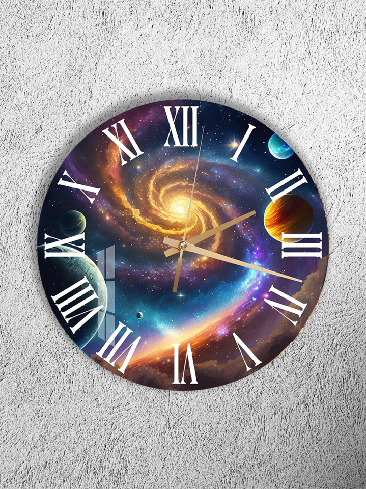 KIRILMAZ CAM DUVAR SAATİ, HEM TABLO HEM SAAT GALAKSİ UZAY SPİRALİ KOZMİK TASARIM EV OFİS HEDİYESİ