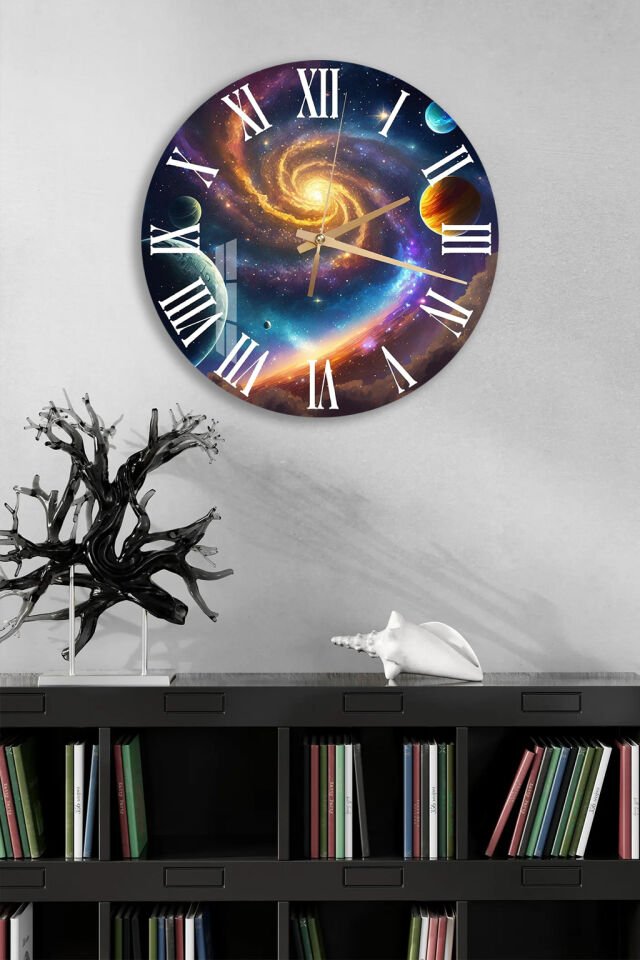 KIRILMAZ CAM DUVAR SAATİ, HEM TABLO HEM SAAT GALAKSİ UZAY SPİRALİ KOZMİK TASARIM EV OFİS HEDİYESİ