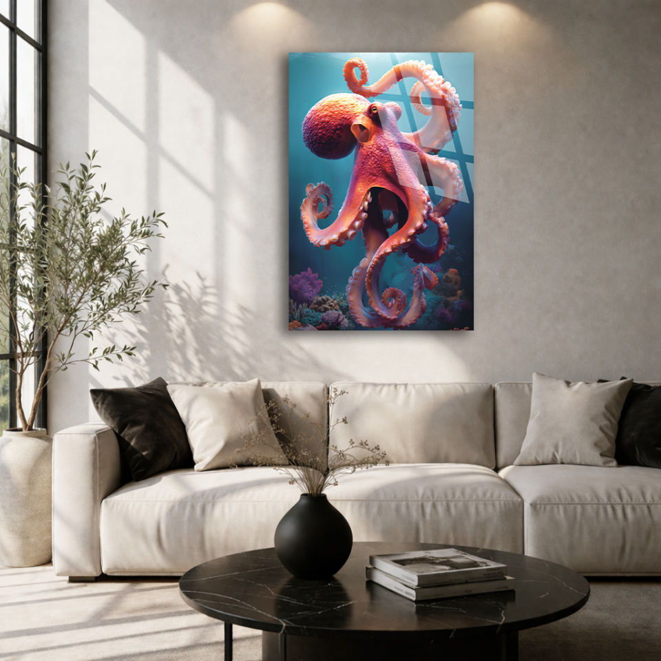 KIRILMAZ CAM TABLO , MODERN DUVAR DEKORASYONU DİKEY AHTAPOT OKYANUS EV OFİS HEDİYESİ  Alternatif: