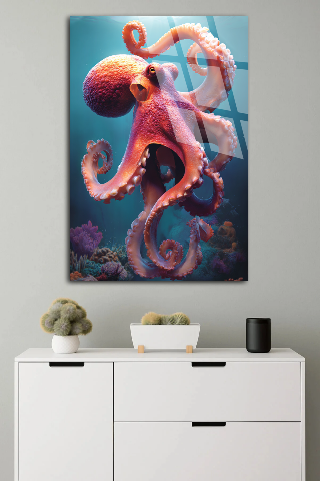 KIRILMAZ CAM TABLO , MODERN DUVAR DEKORASYONU DİKEY AHTAPOT OKYANUS EV OFİS HEDİYESİ  Alternatif: