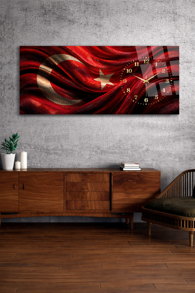 KIRILMAZ CAM DUVAR SAATİ , HEM TABLO HEM SAAT TÜRK BAYRAĞI MODERN ŞIK TASARIM EV OFİS HEDİYESİ