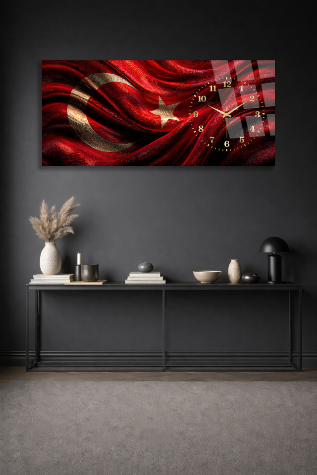 KIRILMAZ CAM DUVAR SAATİ , HEM TABLO HEM SAAT TÜRK BAYRAĞI MODERN ŞIK TASARIM EV OFİS HEDİYESİ