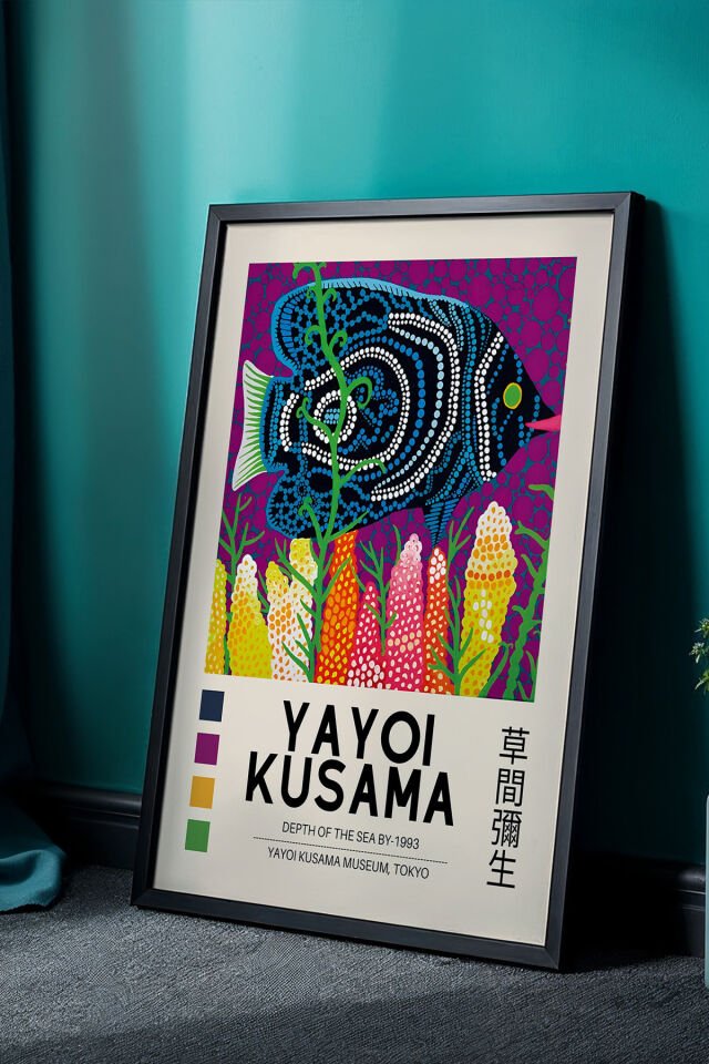 SİYAH - Japon Sanatından İlham Alan Balık Desenli Doğal Ahşap Çerçeveli Nokta Sanatı Tablo