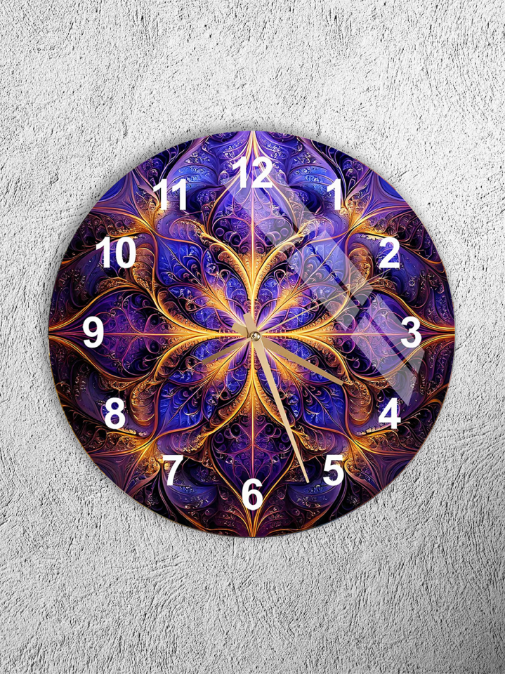 KIRILMAZ CAM DUVAR SAATİ, HEM TABLO HEM SAAT MOR ALTIN MANDALA DESEN LÜKS TASARIM EV OFİS HEDİYESİ