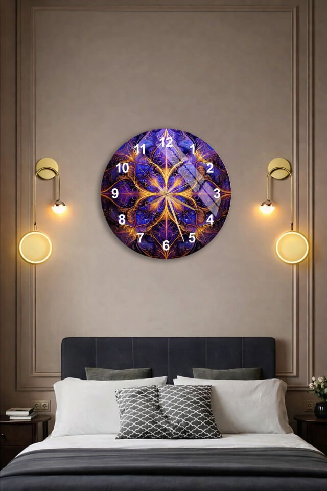 KIRILMAZ CAM DUVAR SAATİ, HEM TABLO HEM SAAT MOR ALTIN MANDALA DESEN LÜKS TASARIM EV OFİS HEDİYESİ