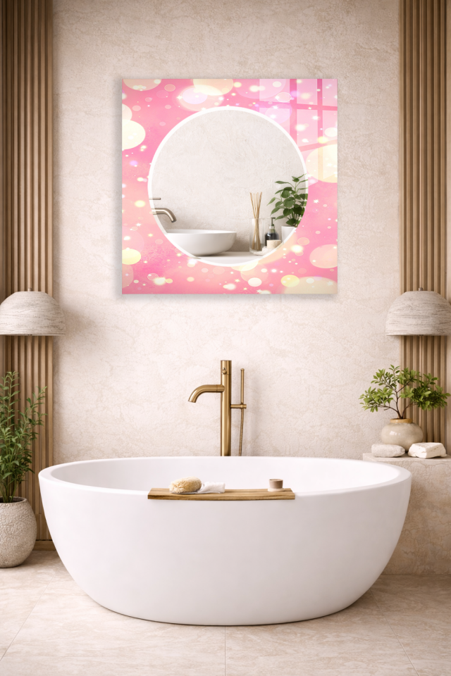 HEM TABLO HEM AYNA PEMBE IŞILTILI BOKEH DESEN CAM DUVAR AYNASI EV DEKORU