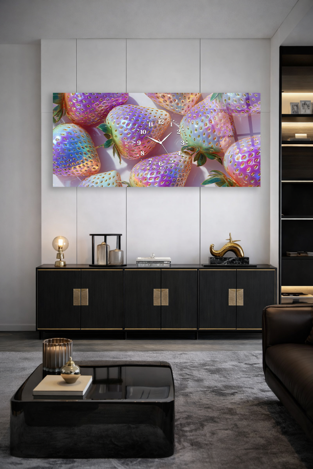 KIRILMAZ CAM DUVAR SAATİ , HEM TABLO HEM SAAT RENKLİ ÇİLEK DESENLİ MODERN TASARIM EV OFİS HEDİYESİ