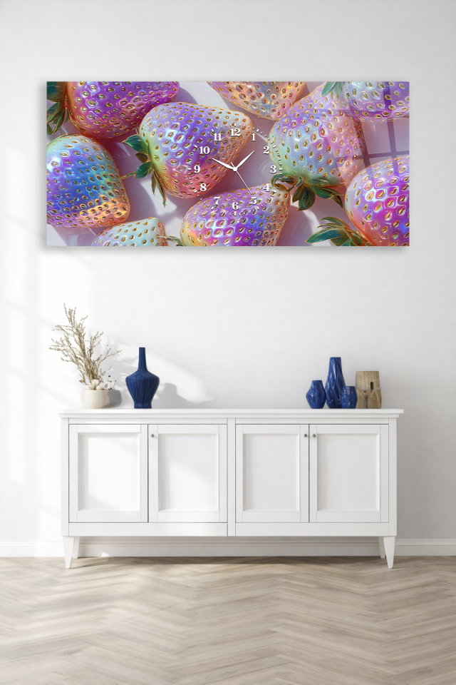 KIRILMAZ CAM DUVAR SAATİ , HEM TABLO HEM SAAT RENKLİ ÇİLEK DESENLİ MODERN TASARIM EV OFİS HEDİYESİ