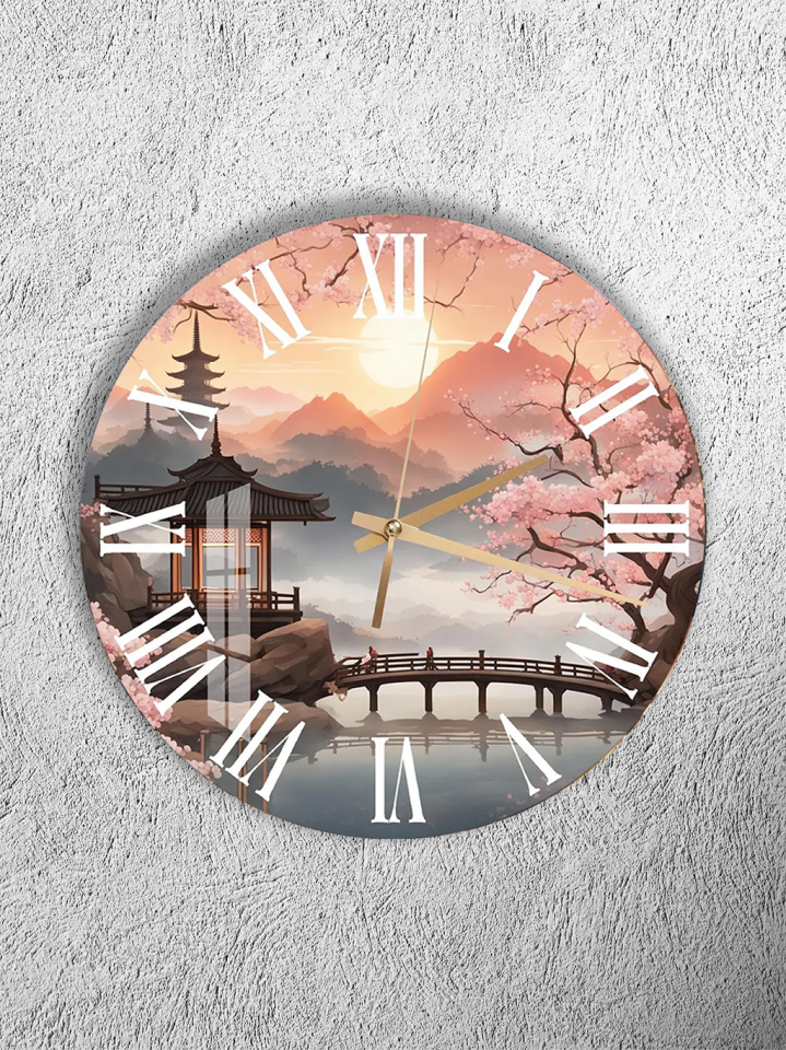 KIRILMAZ CAM DUVAR SAATİ, HEM TABLO HEM SAAT JAPON MANZARASI SAKURA TAPINAK TASARIM EV OFİS HEDİYESİ