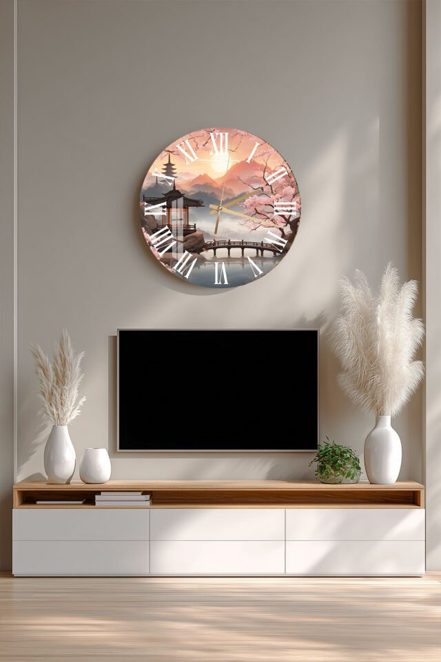 KIRILMAZ CAM DUVAR SAATİ, HEM TABLO HEM SAAT JAPON MANZARASI SAKURA TAPINAK TASARIM EV OFİS HEDİYESİ