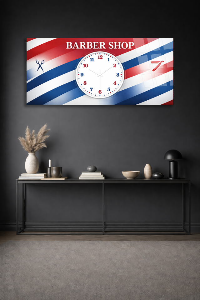 KIRILMAZ CAM DUVAR SAATİ , HEM TABLO HEM SAAT BARBER SHOP KLASİK TASARIM EV OFİS HEDİYESİ