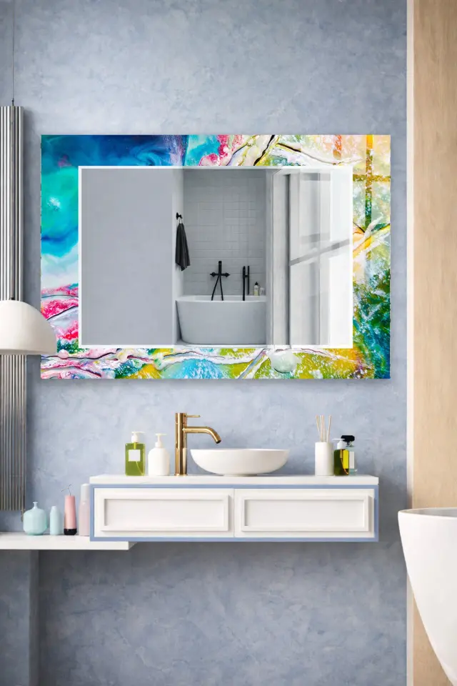 HEM TABLO HEM AYNA RENKLİ SOYUT MERMER TASARIM CAM DUVAR AYNASI EV DEKORU