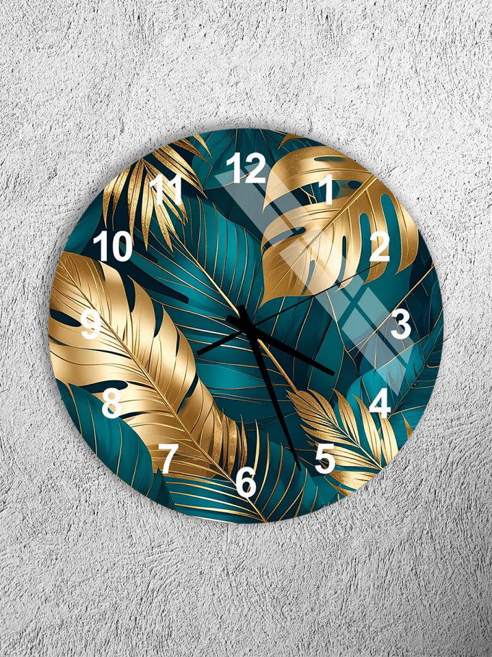 KIRILMAZ CAM DUVAR SAATİ, HEM TABLO HEM SAAT ZÜMRÜT YEŞİLİ ALTIN YAPRAK DESENİ EV OFİS HEDİYESİ