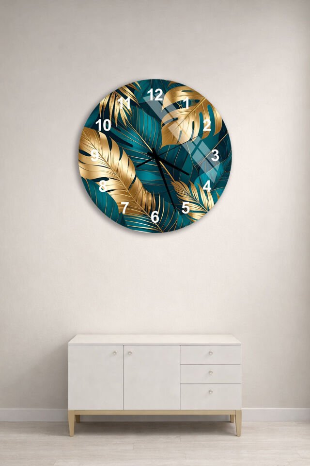 KIRILMAZ CAM DUVAR SAATİ, HEM TABLO HEM SAAT ZÜMRÜT YEŞİLİ ALTIN YAPRAK DESENİ EV OFİS HEDİYESİ