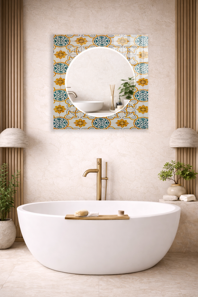 HEM TABLO HEM AYNA OSMANLI MOTİFLİ SARI MAVİ DESEN CAM DUVAR AYNASI EV DEKORU