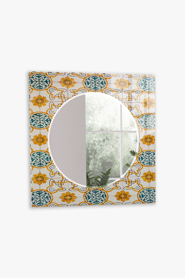 HEM TABLO HEM AYNA OSMANLI MOTİFLİ SARI MAVİ DESEN CAM DUVAR AYNASI EV DEKORU