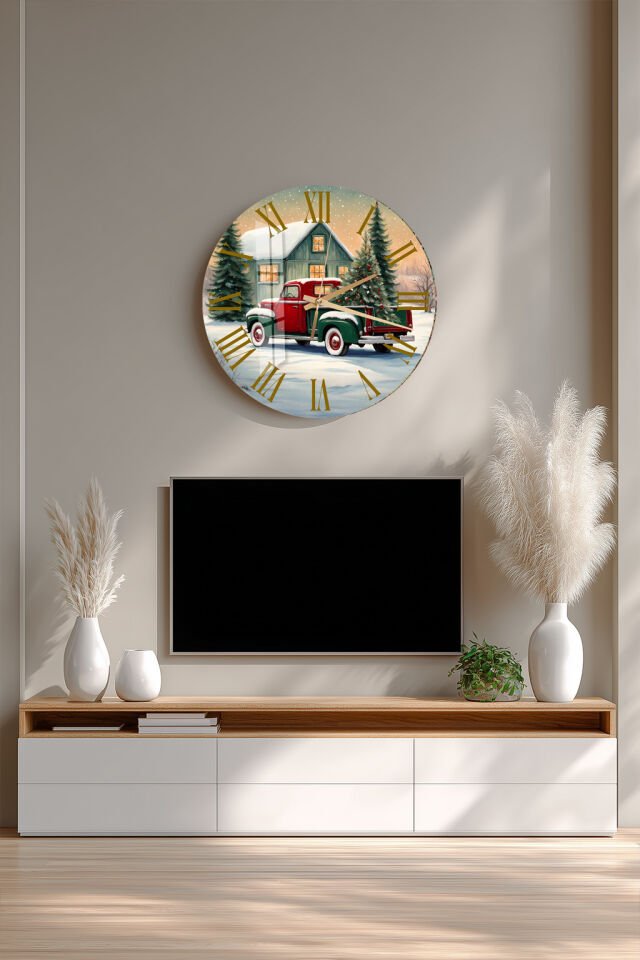 KIRILMAZ CAM DUVAR SAATİ, HEM TABLO HEM SAAT KIŞ EVİ KAMYON YILBAŞI TEMASI EV OFİS HEDİYESİ