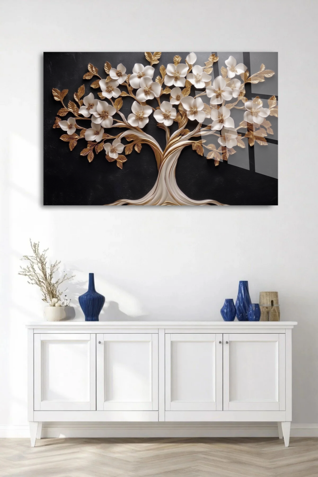 KIRILMAZ CAM TABLO , MODERN DUVAR DEKORASYONU BEYAZ ÇİÇEKLİ AĞAÇ TASARIM EV OFİS HEDİYESİ