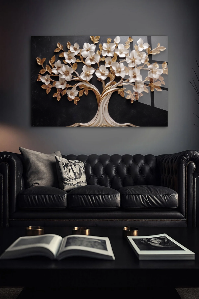 KIRILMAZ CAM TABLO , MODERN DUVAR DEKORASYONU BEYAZ ÇİÇEKLİ AĞAÇ TASARIM EV OFİS HEDİYESİ