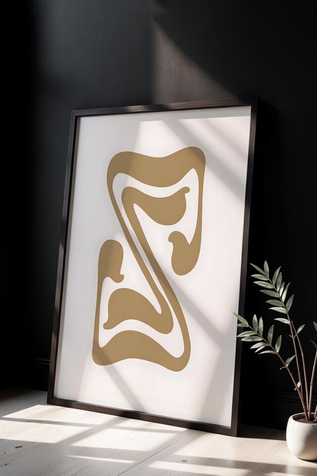 SİYAH - Minimalist Bohem Tarzı Soyut Sanat Hardal Sarısı Matisse Doğal Ahşap Çerçeveli Duvar Tablosu