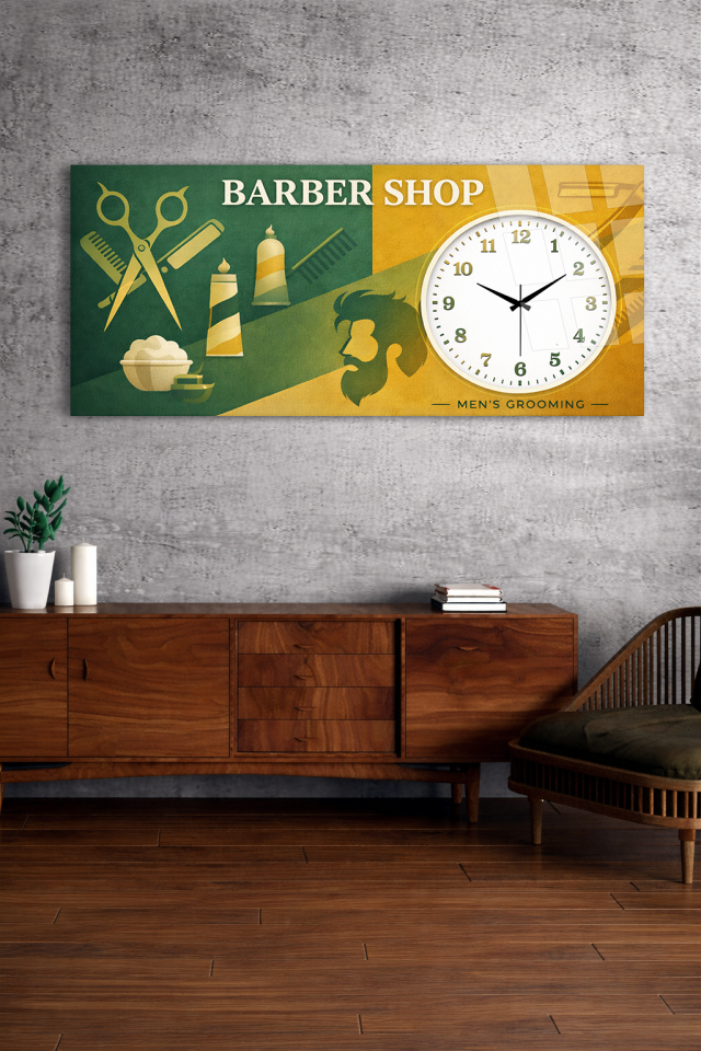KIRILMAZ CAM DUVAR SAATİ , HEM TABLO HEM SAAT BARBER SHOP YEŞİL GOLD TASARIM EV OFİS HEDİYESİ