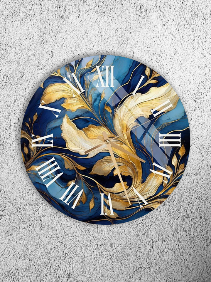 KIRILMAZ CAM DUVAR SAATİ, HEM TABLO HEM SAAT MAVİ ALTIN SANATSAL ÇİÇEK DESENİ EV OFİS HEDİYESİ