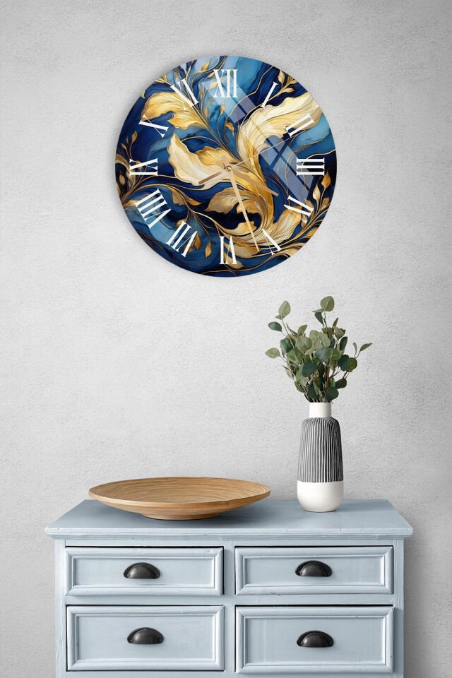 KIRILMAZ CAM DUVAR SAATİ, HEM TABLO HEM SAAT MAVİ ALTIN SANATSAL ÇİÇEK DESENİ EV OFİS HEDİYESİ