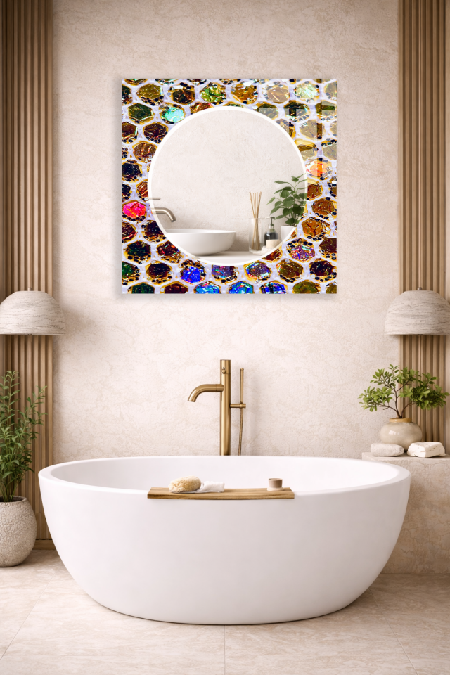 HEM TABLO HEM AYNA RENKLİ KRİSTAL TAŞ MOZAIK DESEN CAM DUVAR AYNASI EV DEKORU