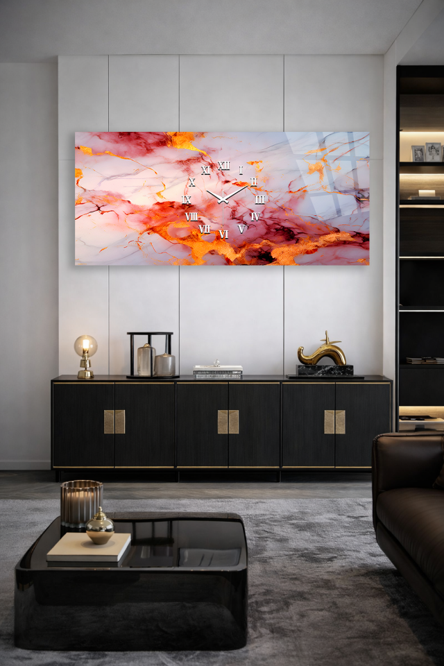 KIRILMAZ CAM DUVAR SAATİ , HEM TABLO HEM SAAT KIRMIZI ALTIN MERMER MODERN TASARIM EV OFİS HEDİYESİ