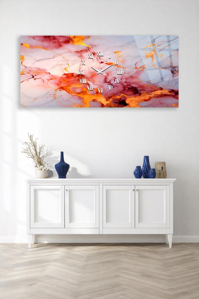 KIRILMAZ CAM DUVAR SAATİ , HEM TABLO HEM SAAT KIRMIZI ALTIN MERMER MODERN TASARIM EV OFİS HEDİYESİ