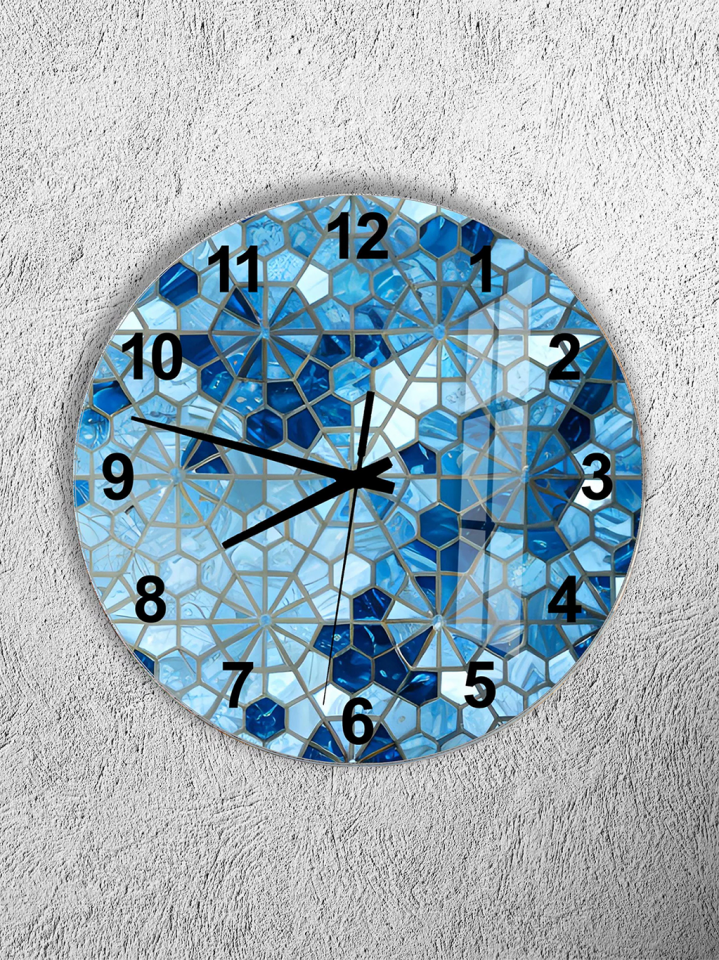 KIRILMAZ CAM DUVAR SAATİ, HEM TABLO HEM SAAT MAVİ GEOMETRİK CAM DESEN TASARIM EV OFİS HEDİYESİ