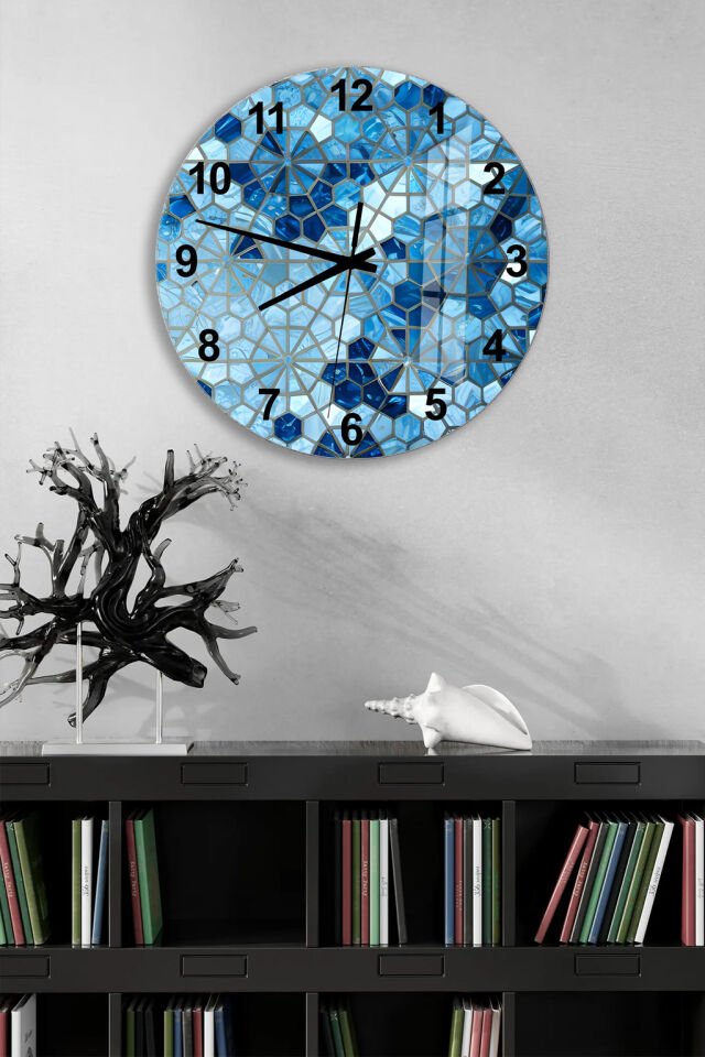 KIRILMAZ CAM DUVAR SAATİ, HEM TABLO HEM SAAT MAVİ GEOMETRİK CAM DESEN TASARIM EV OFİS HEDİYESİ