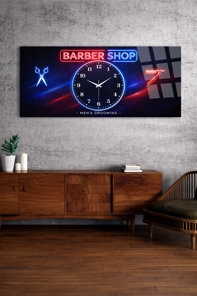 KIRILMAZ CAM DUVAR SAATİ , HEM TABLO HEM SAAT NEON BARBER SHOP MODERN TASARIM EV OFİS HEDİYESİ