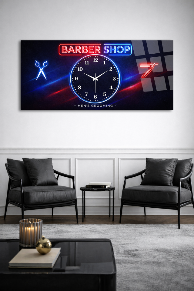 KIRILMAZ CAM DUVAR SAATİ , HEM TABLO HEM SAAT NEON BARBER SHOP MODERN TASARIM EV OFİS HEDİYESİ