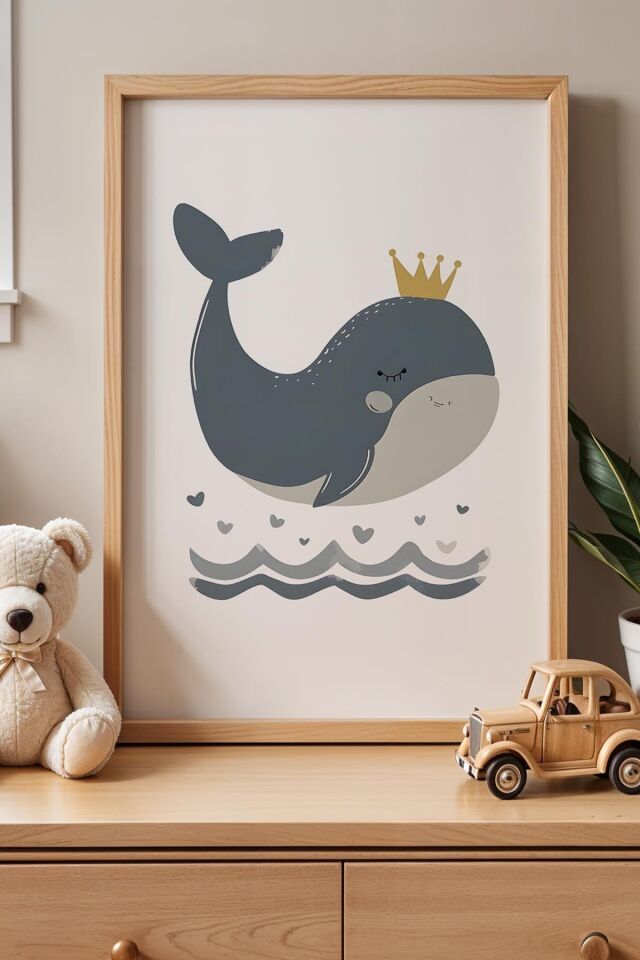 DOĞAL AHŞAP - Kral Taçlı Sevimli Balina Çocuk Odası Ahşap Çerçeveli Duvar Tablosu