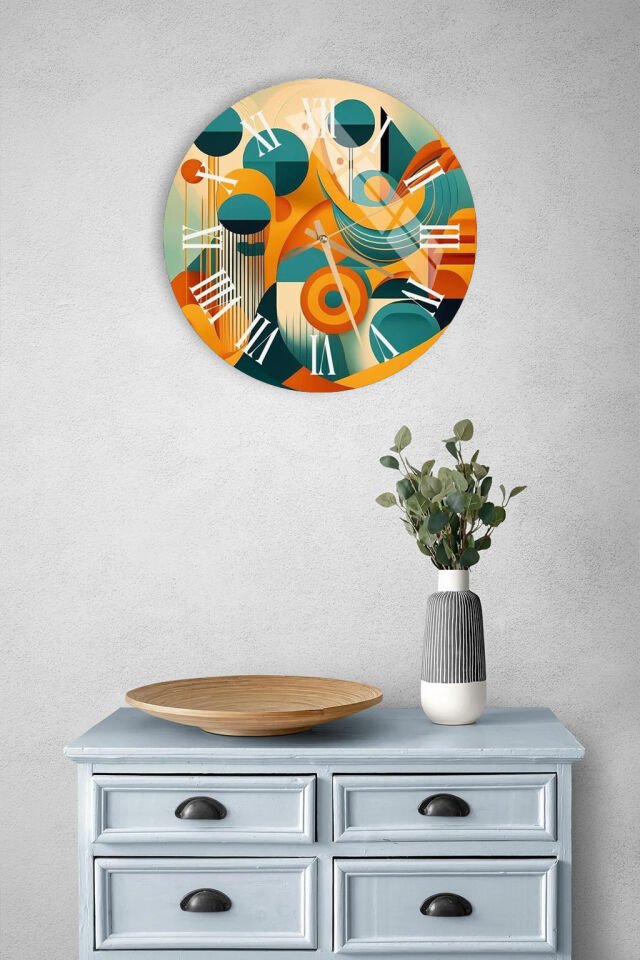 KIRILMAZ CAM DUVAR SAATİ, HEM TABLO HEM SAAT RETRO GEOMETRİK RENKLİ TASARIM EV OFİS HEDİYESİ