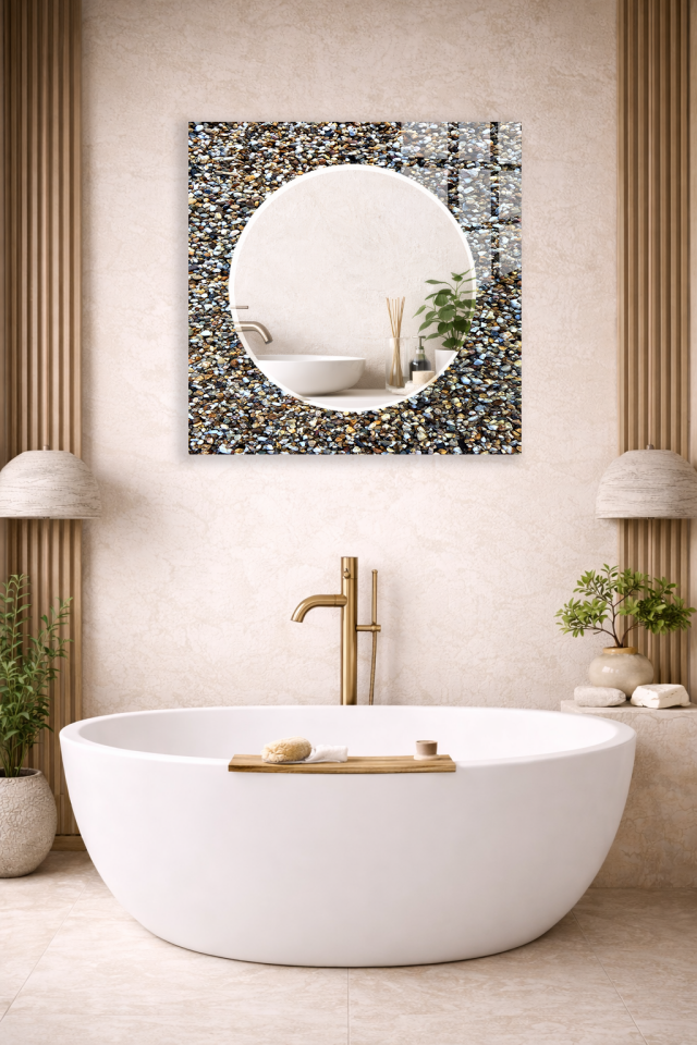 HEM TABLO HEM AYNA DOĞAL ÇAKIL TAŞI DOKU DESEN CAM DUVAR AYNASI EV DEKORU