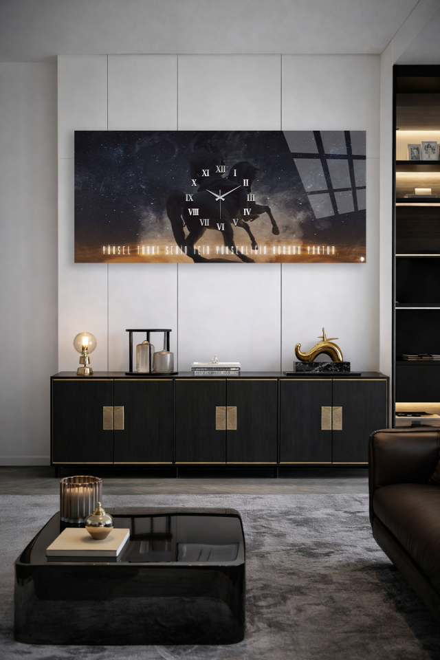 KIRILMAZ CAM DUVAR SAATİ , HEM TABLO HEM SAAT ATLI MOTİVASYON TASARIM EV OFİS HEDİYESİ
