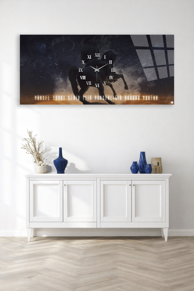 KIRILMAZ CAM DUVAR SAATİ , HEM TABLO HEM SAAT ATLI MOTİVASYON TASARIM EV OFİS HEDİYESİ