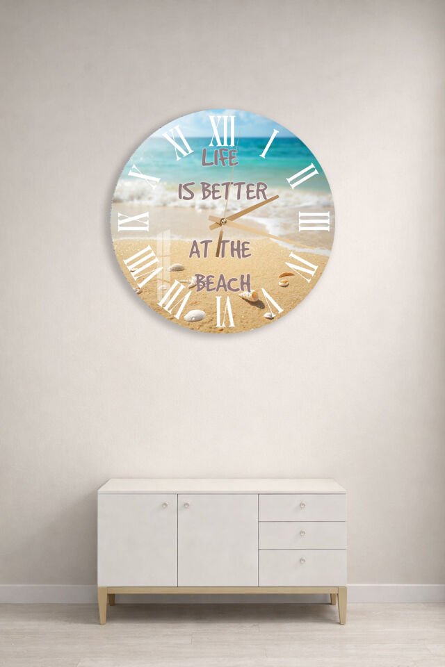 KIRILMAZ CAM DUVAR SAATİ, HEM TABLO HEM SAAT PLAJ MOTİVASYON YAZILI YAZ TEMASI EV OFİS HEDİYESİ