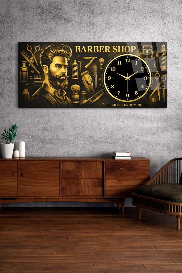 KIRILMAZ CAM DUVAR SAATİ , HEM TABLO HEM SAAT GOLD BARBER LÜKS ERKEK TASARIM EV OFİS HEDİYESİ