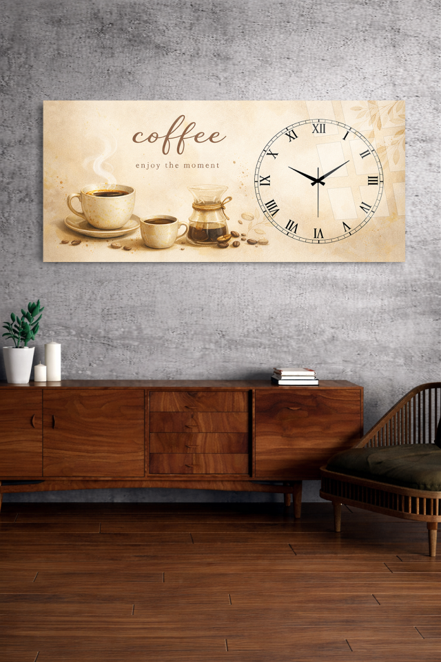 KIRILMAZ CAM DUVAR SAATİ , HEM TABLO HEM SAAT KAHVE TEMALI ROMA RAKAMLI TASARIM EV OFİS HEDİYESİ