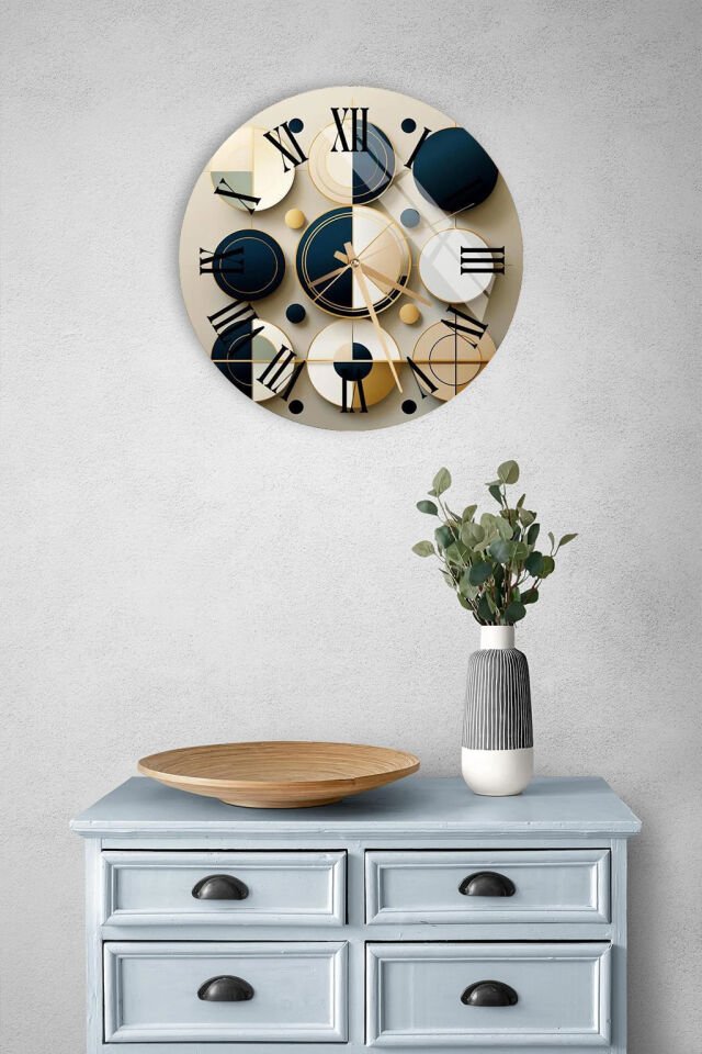 KIRILMAZ CAM DUVAR SAATİ, HEM TABLO HEM SAAT MODERN GEOMETRİK HALKA DESENİ EV OFİS HEDİYESİ