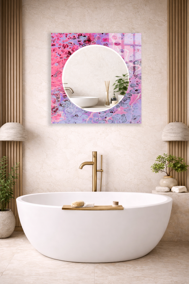 HEM TABLO HEM AYNA PEMBE MOR AKRİLİK SOYUT SANAT DESEN CAM DUVAR AYNASI EV DEKORU